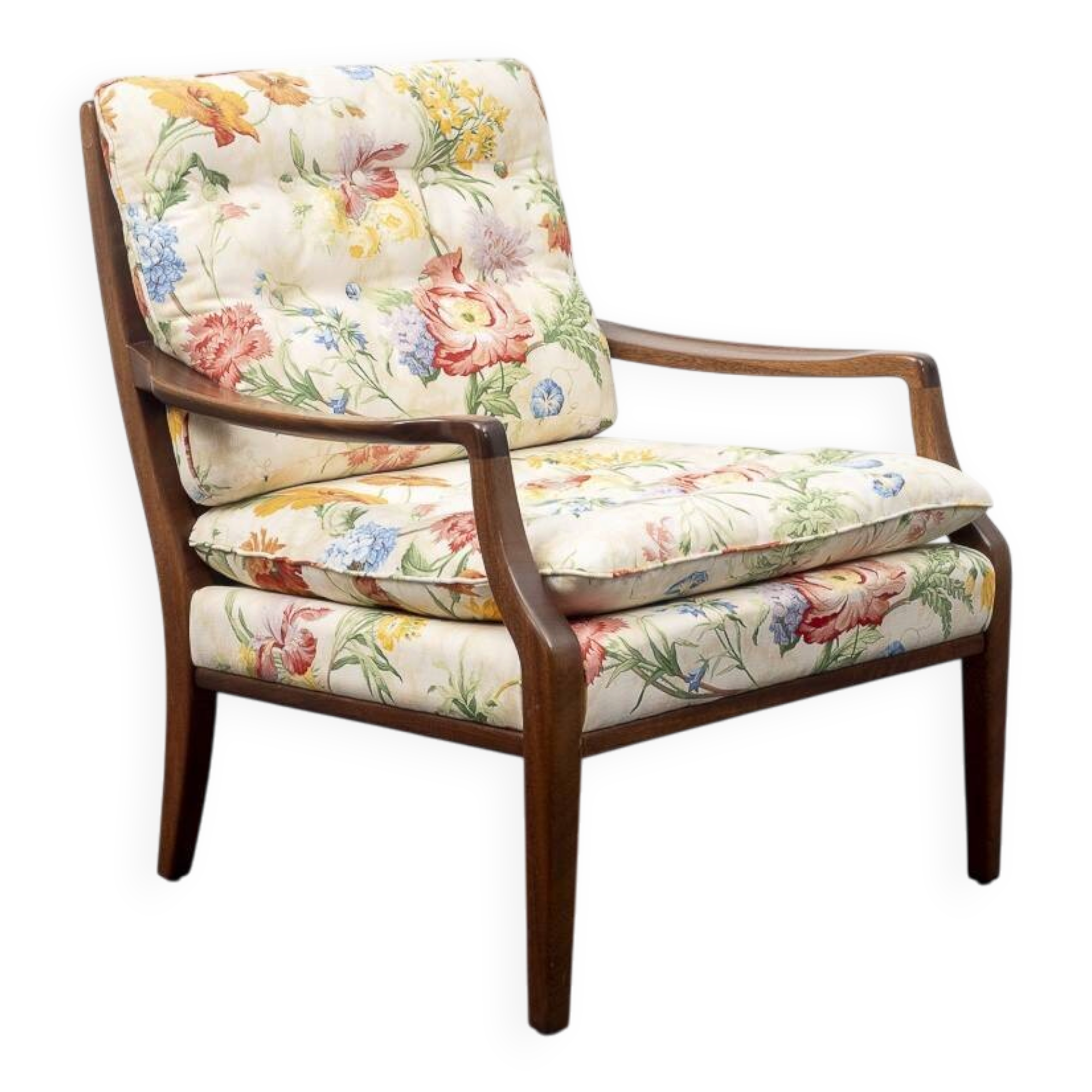 Restored 1960s armchair, floral pattern, two available.