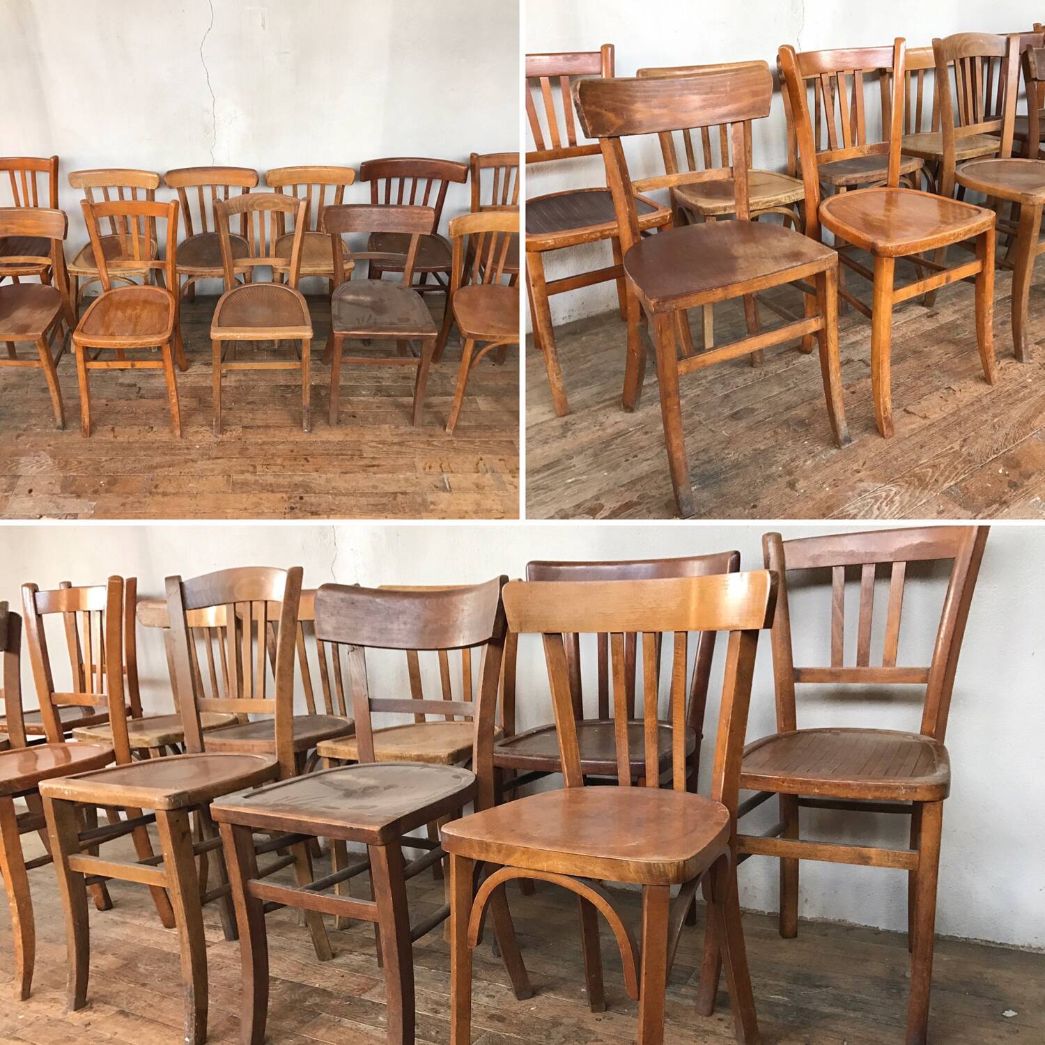 Series of 20 vintage mismatched bentwood bistro chairs
