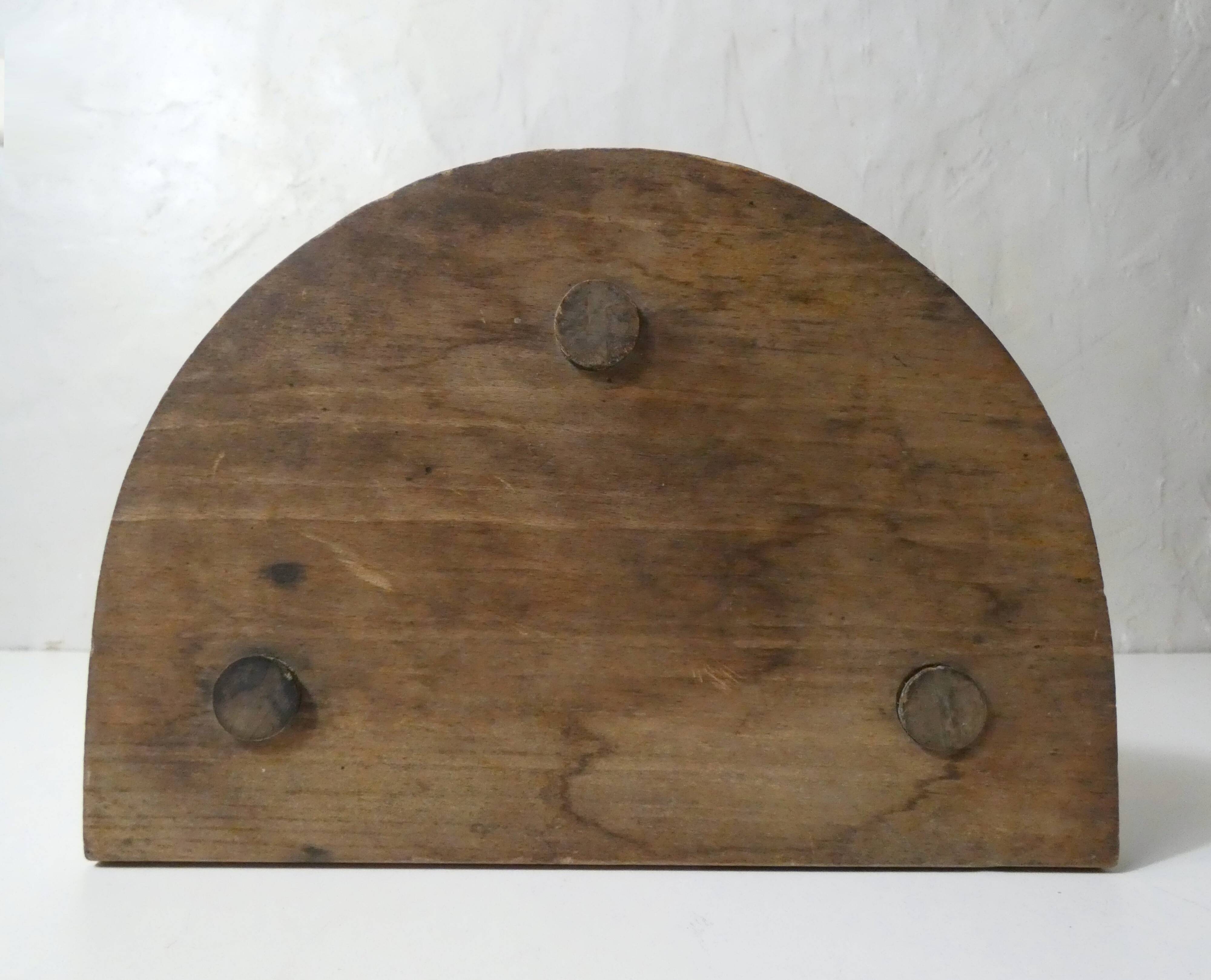 vintage half-moon tripod stool in turned solid wood with beaded edges