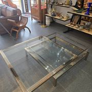 Sliding top coffee table – 70s design – chrome & glass – 108 cm