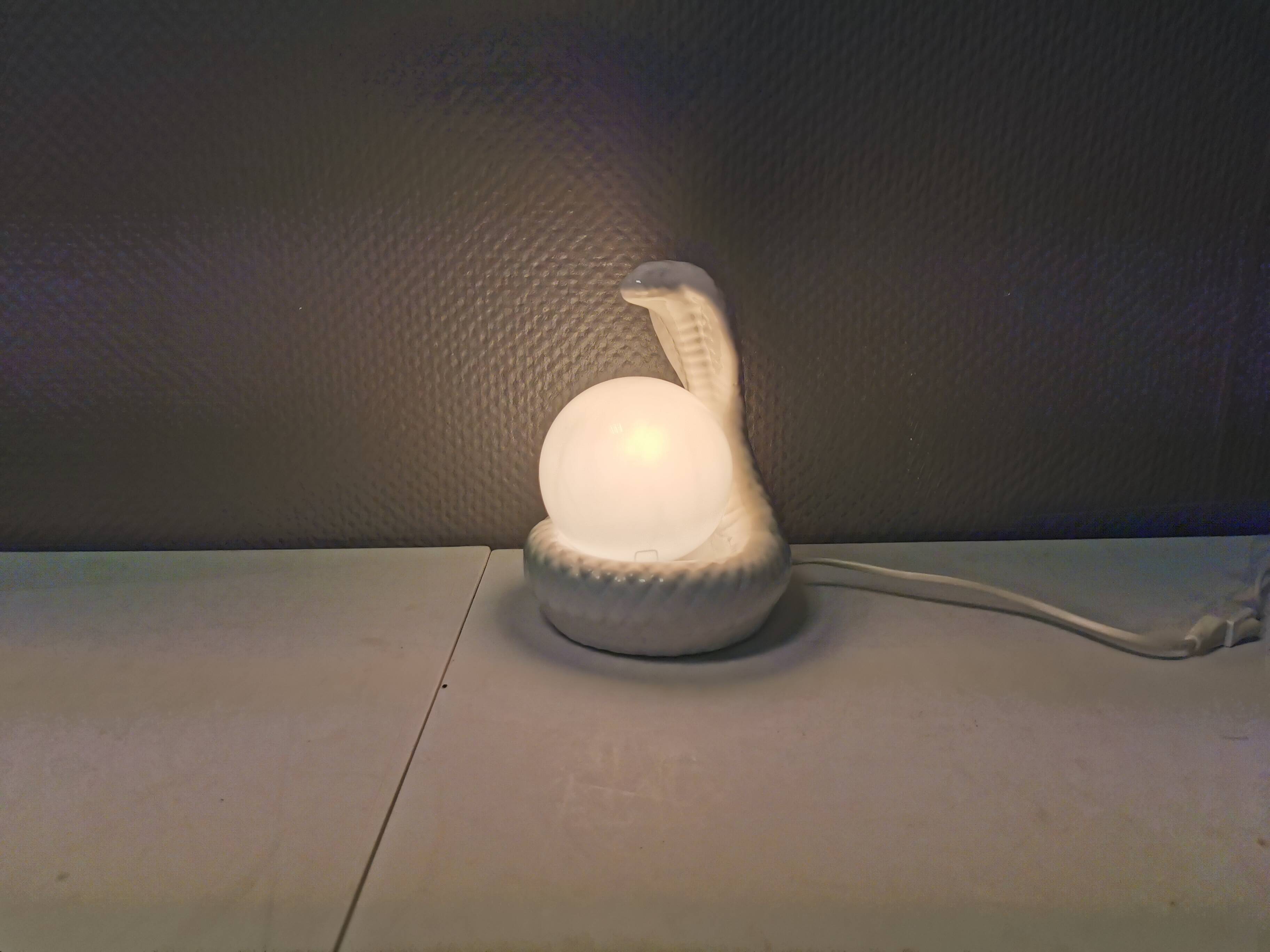 Beautiful vintage ceramic COBRA table lamp with thin milky white glass shade/dome. RAF Sweden 70-80s