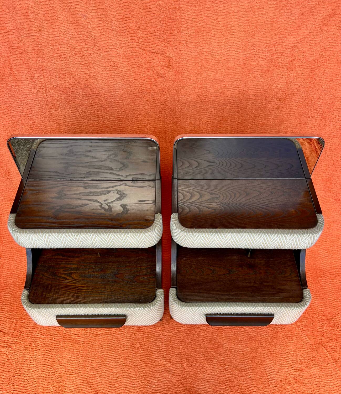 SET OF 2 VINTAGE 1970S NIGHTSTANDS/SOFA ENDS IN WOOD AND FABRIC