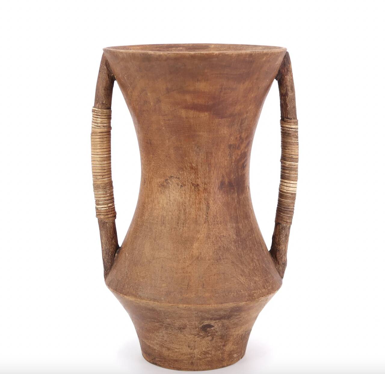Wooden amphora vase, handles covered with wicker, 1970s.