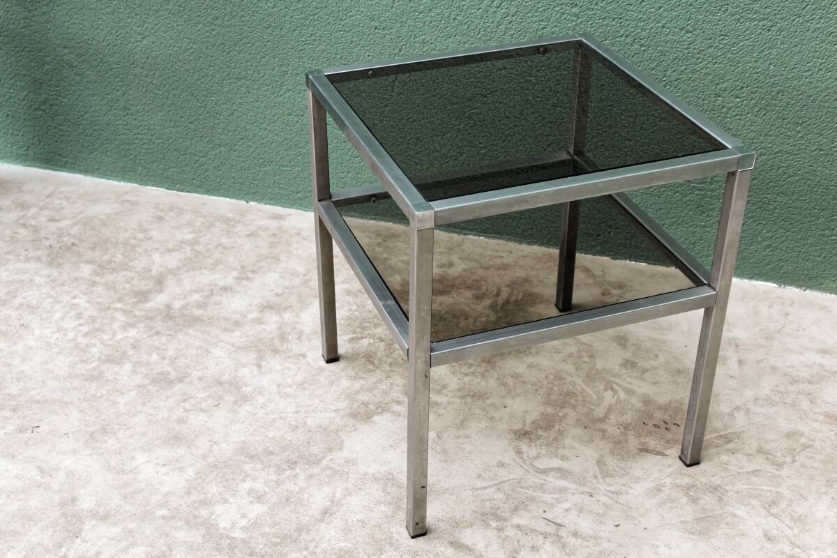 End table, chrome metal and smoked glass coffee table