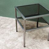 End table, chrome metal and smoked glass coffee table