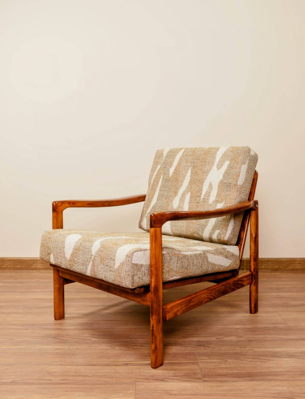 Vintage armchair in safari beige, 1965 mid-century modern design.