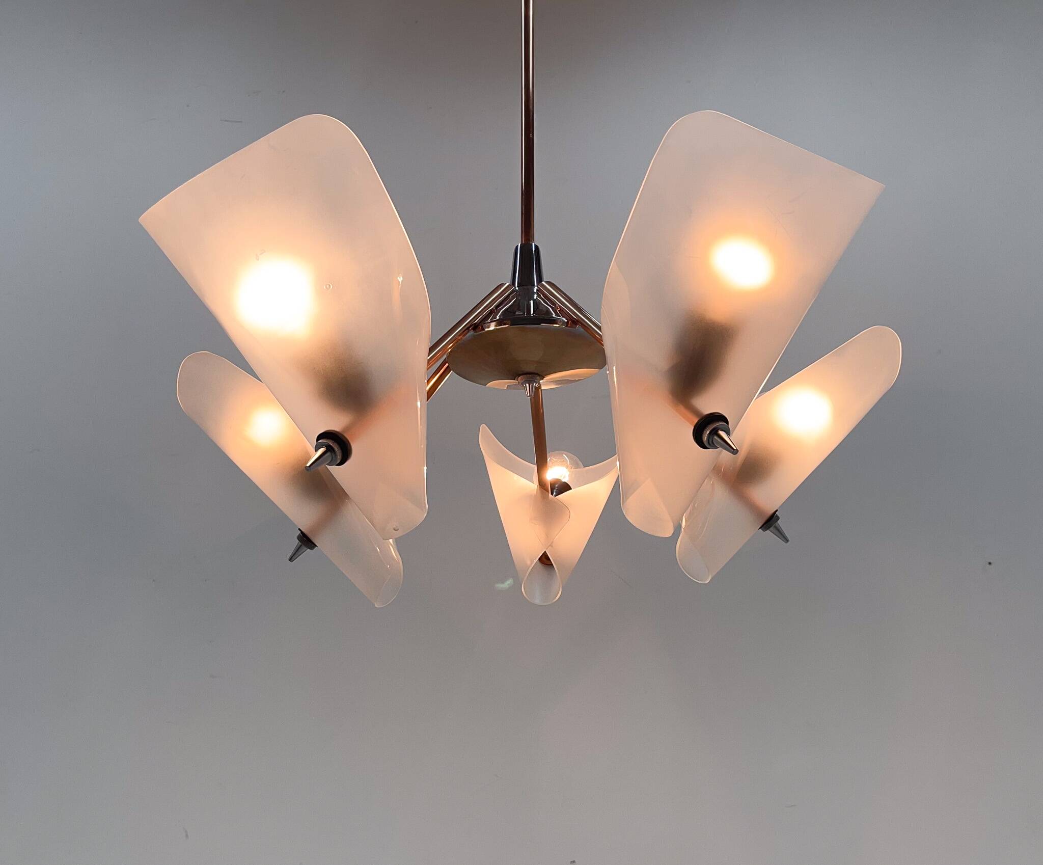 Mid-century chrome, copper & plastic chandelier by drukov, 1970s / 2 pieces avl