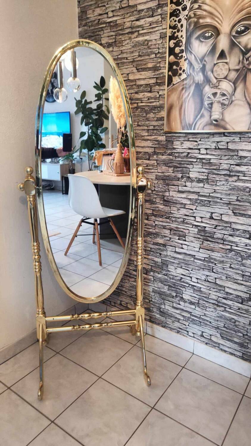 Vintage horse mirror in patinated steel with golden brass effect 1980