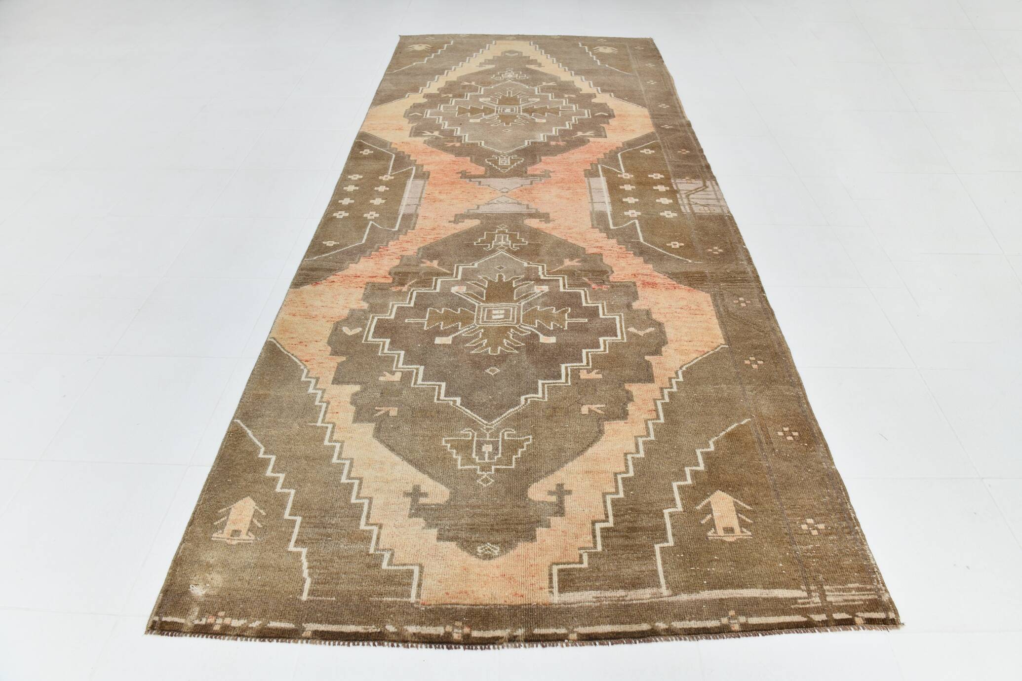5x13 Tapis Couloir Anatolien Vintage, Tapis Turc Brun Taupe, 159x385 Cm