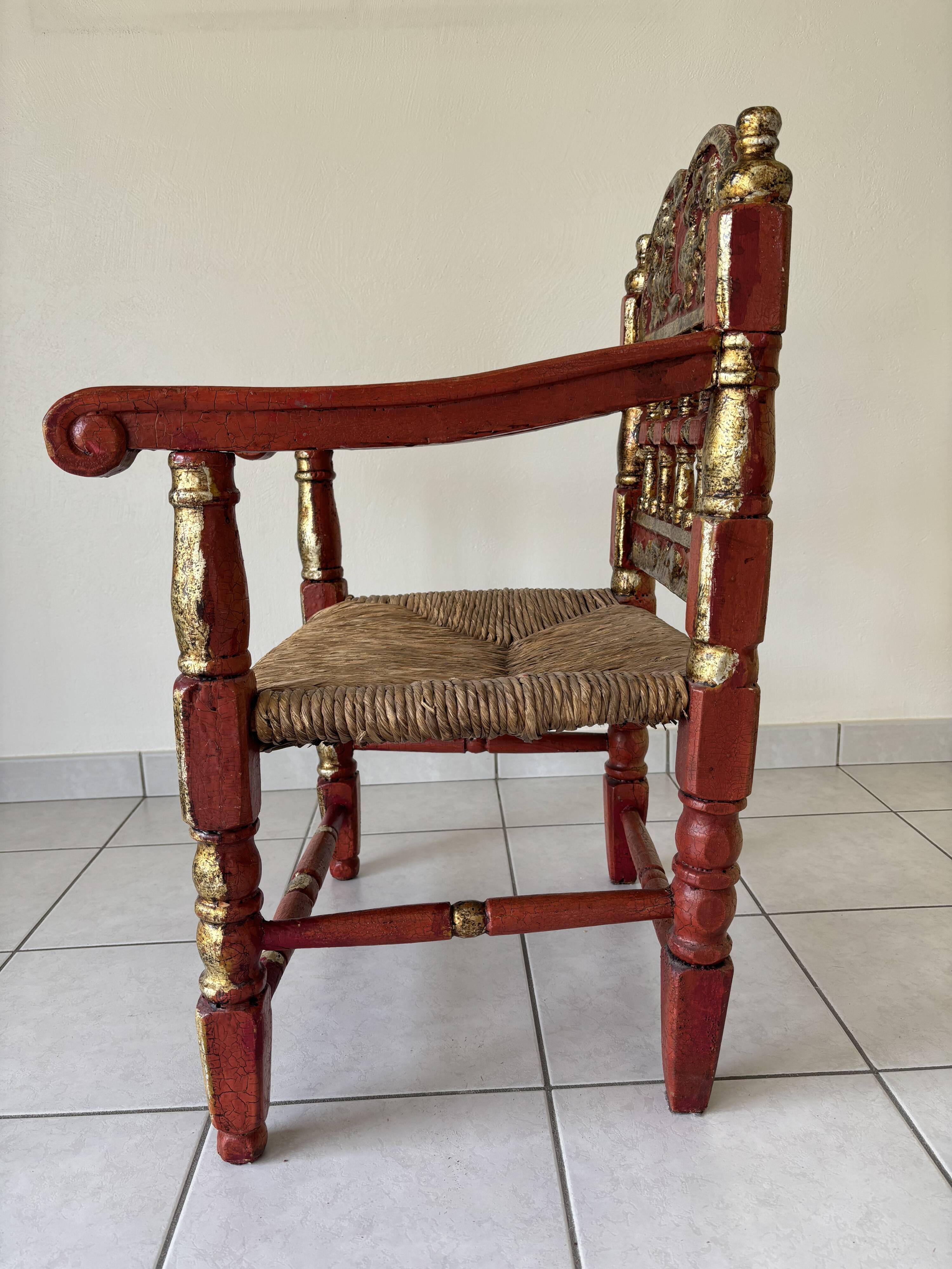 Vintage Spanish low chair in painted wood and straw (Majorca Andalusia)