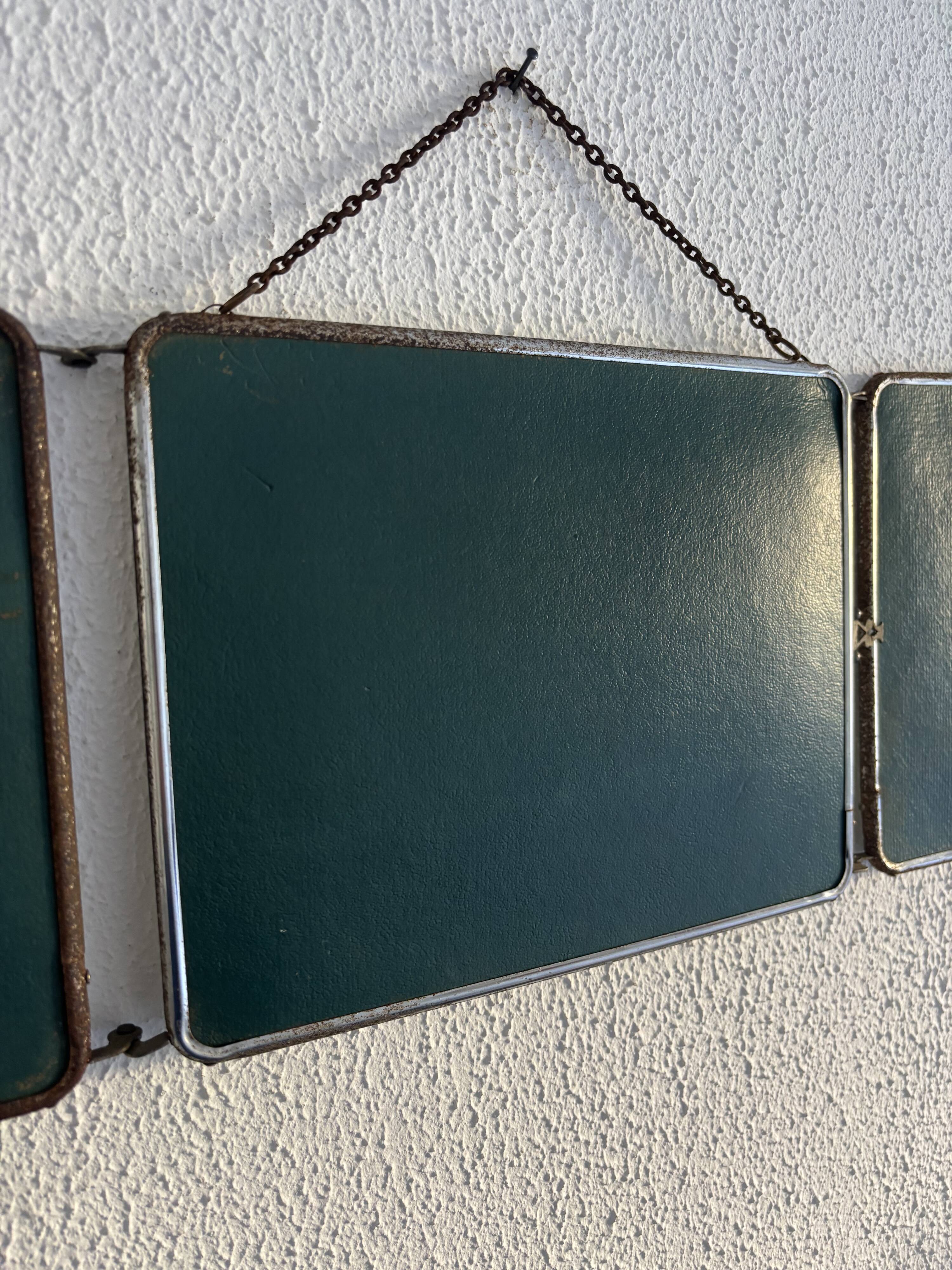 Vintage 1950s triptych barber mirror in duck blue - 22 x 86 cm