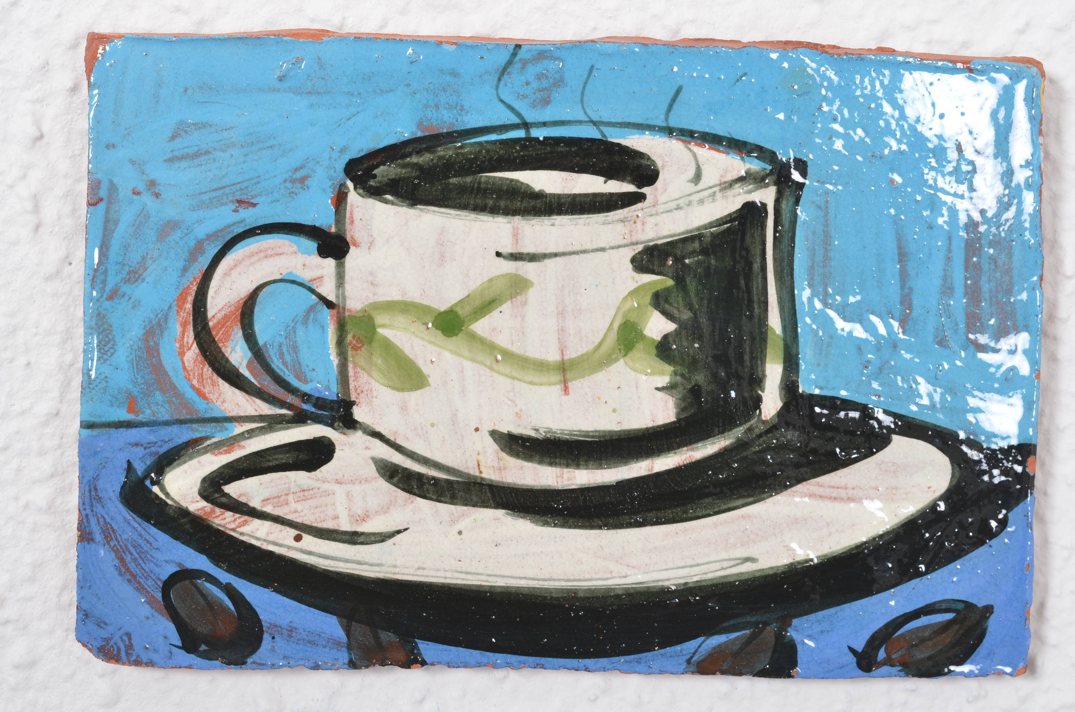 Painted terracotta tile, coffee cup