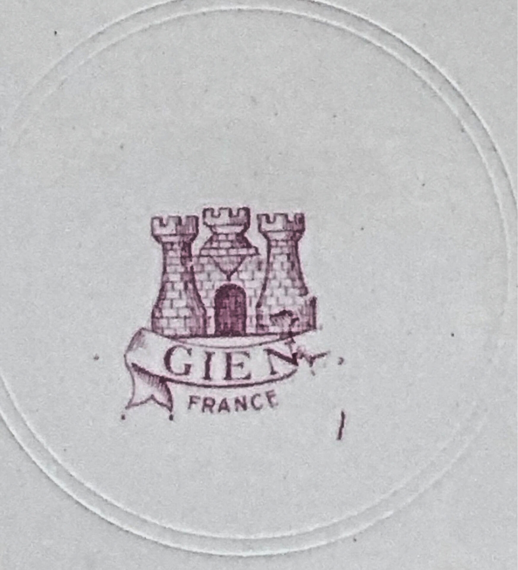 6 old flat table plates, Gien earthenware, pink landscape model.