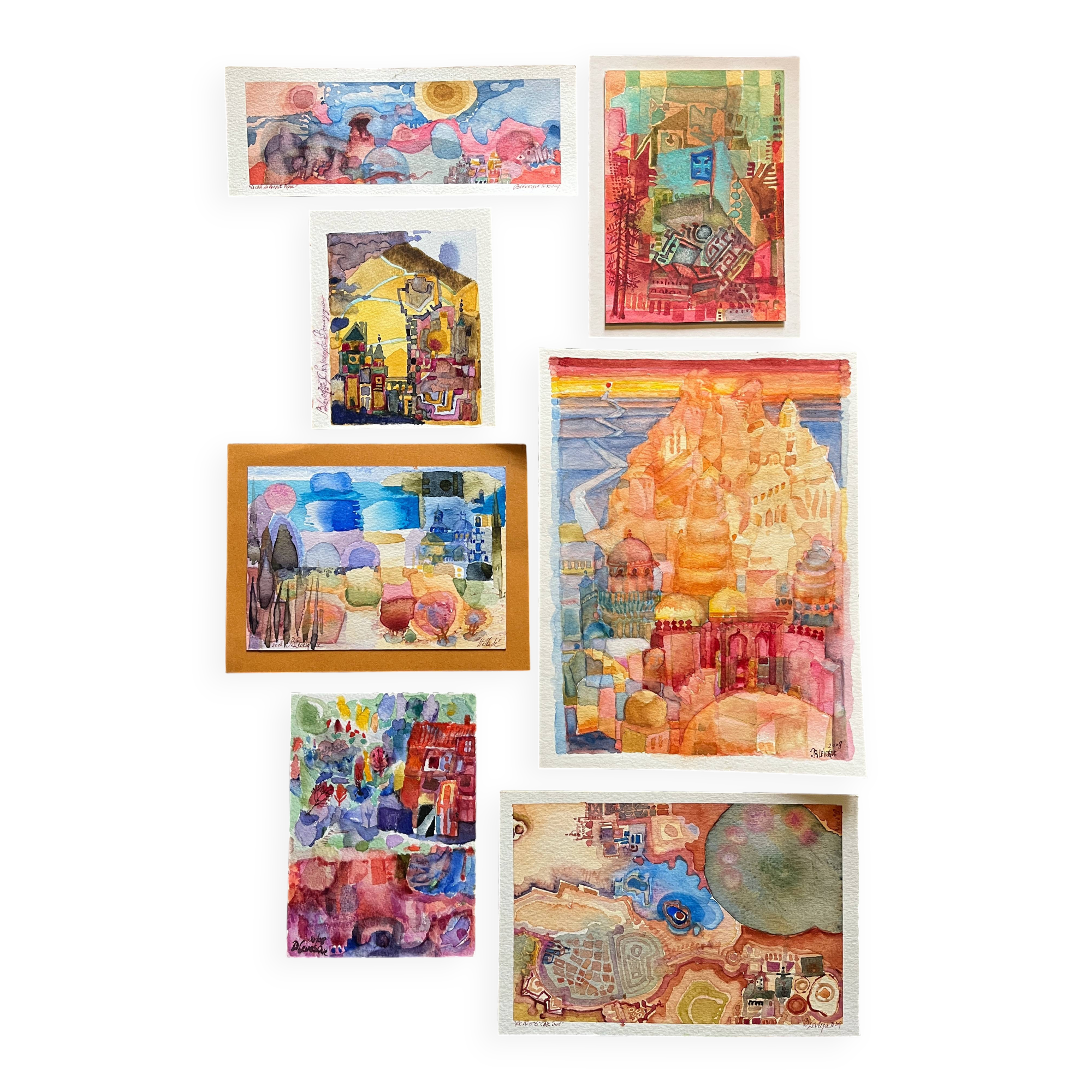 Set of 7 watercolor paintings signed B. Lévêque Burgundy Brittany