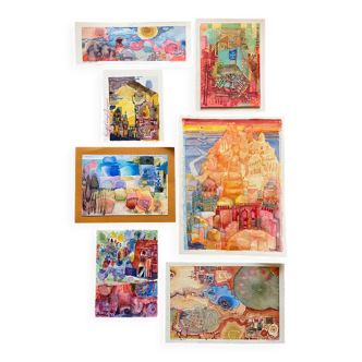 Lot de 7 tableaux aquarelles signées B. Lévêque Bourgogne Bretagne