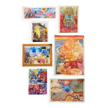 Set of 7 watercolor paintings signed B. Lévêque Burgundy Brittany