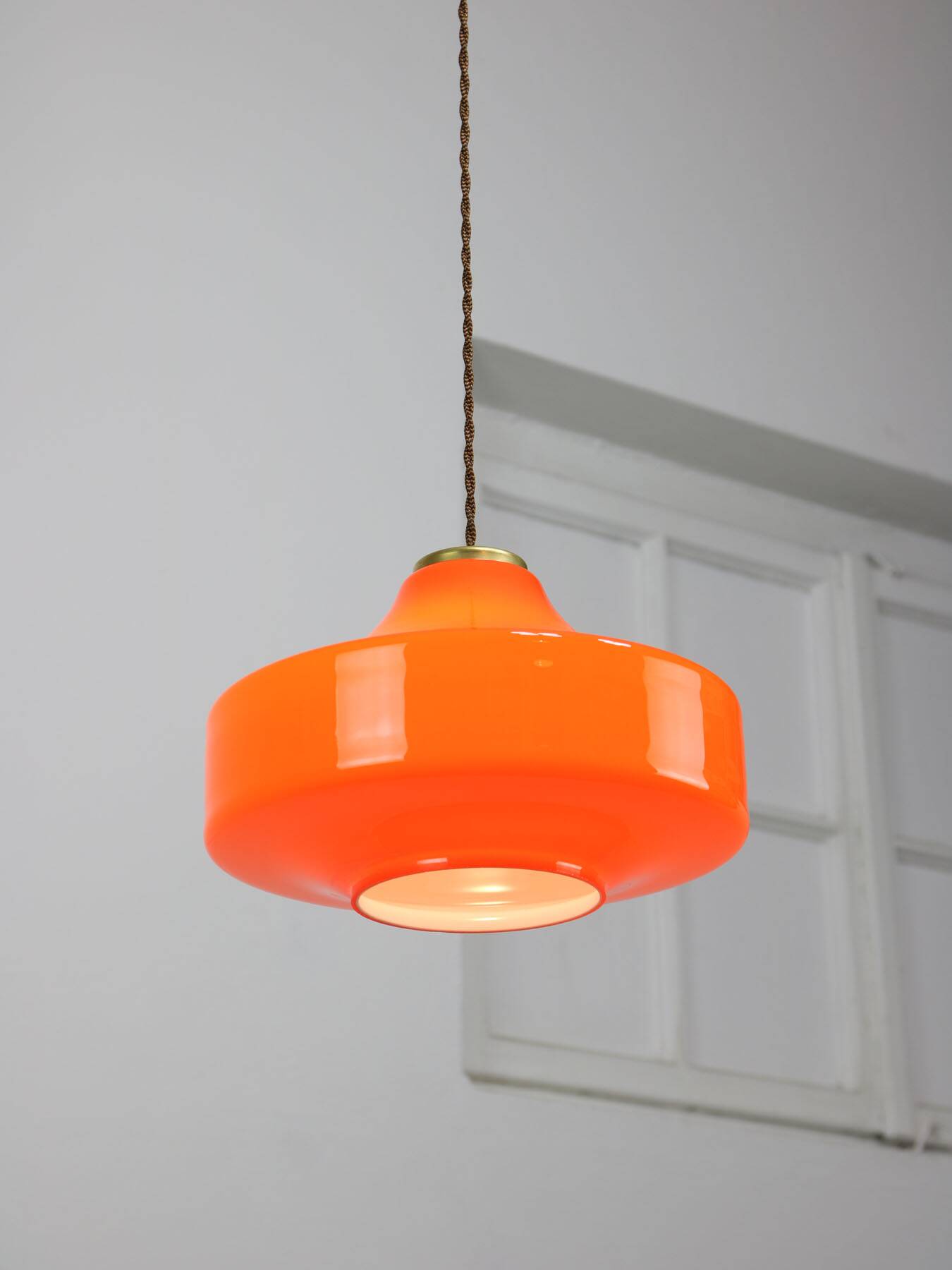 Mid-century italian orange glass & brass pendant lamp