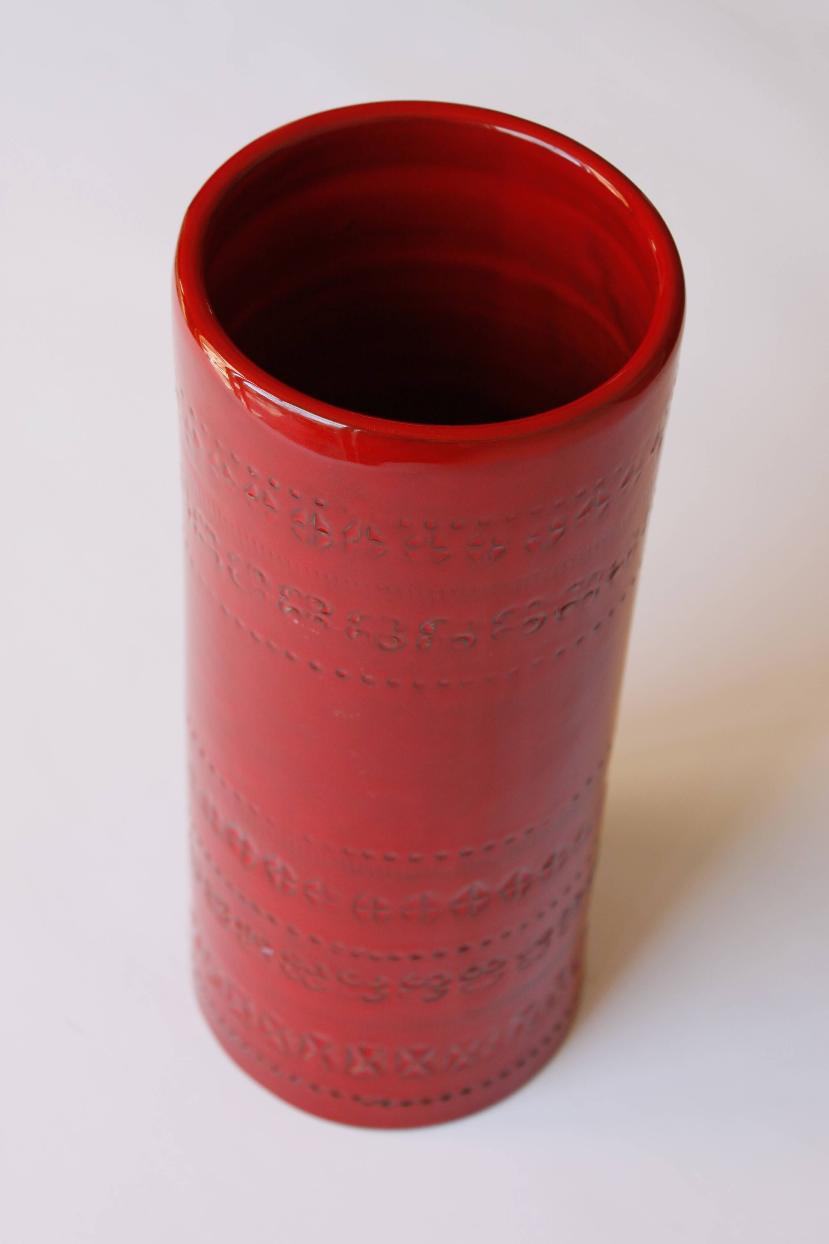 Cylindrical red ceramic vase by Aldo Londi for Bitossi, Italy