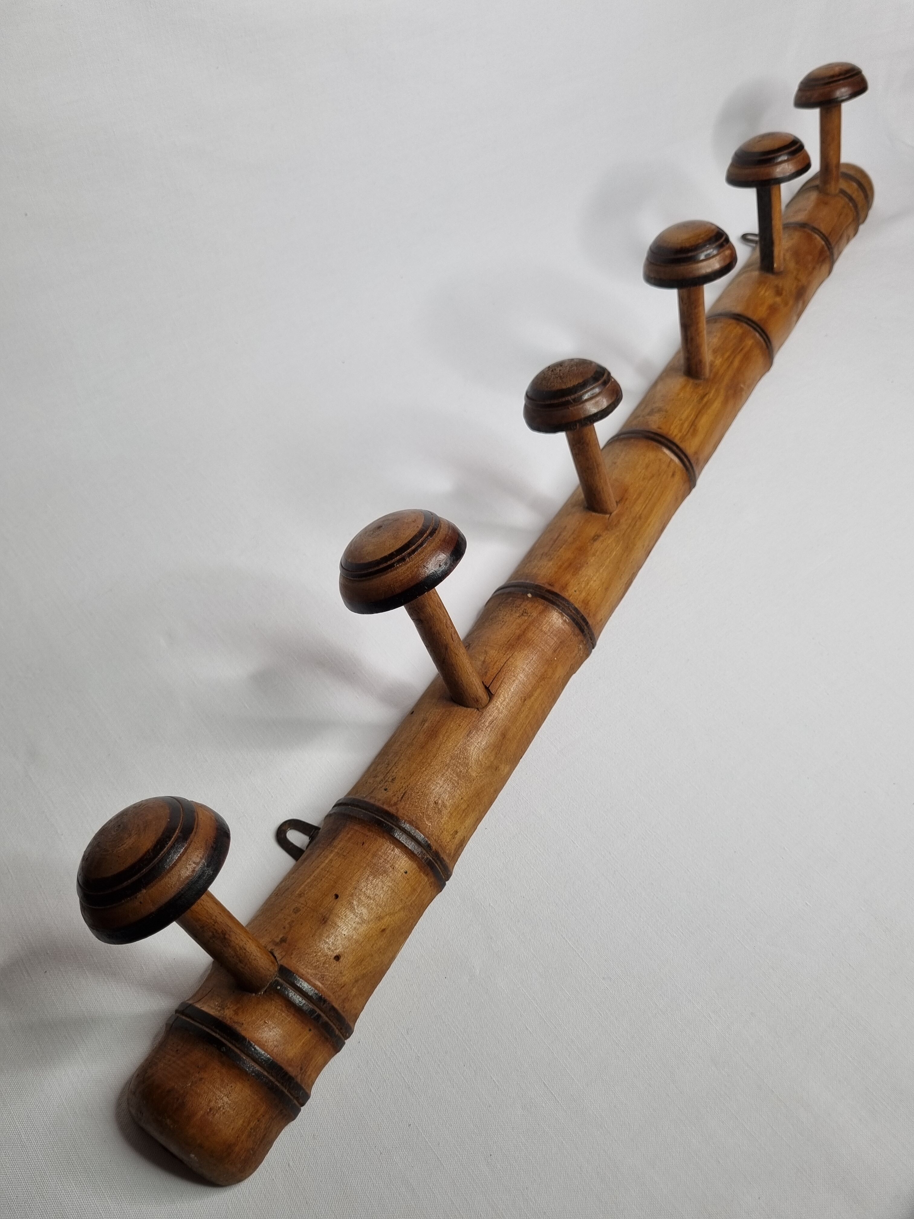 Old rustic wooden coat rack turned in imitation of bamboo 1900, 6 hooks