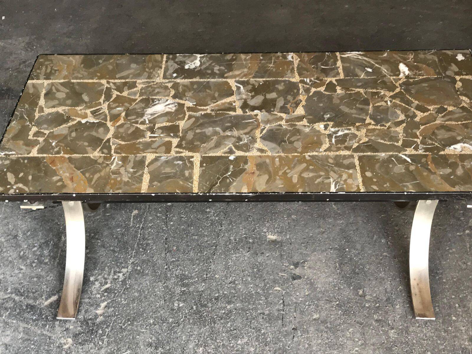 Mid-century brown marble coffee table with silver chrome legs from the 1950s.