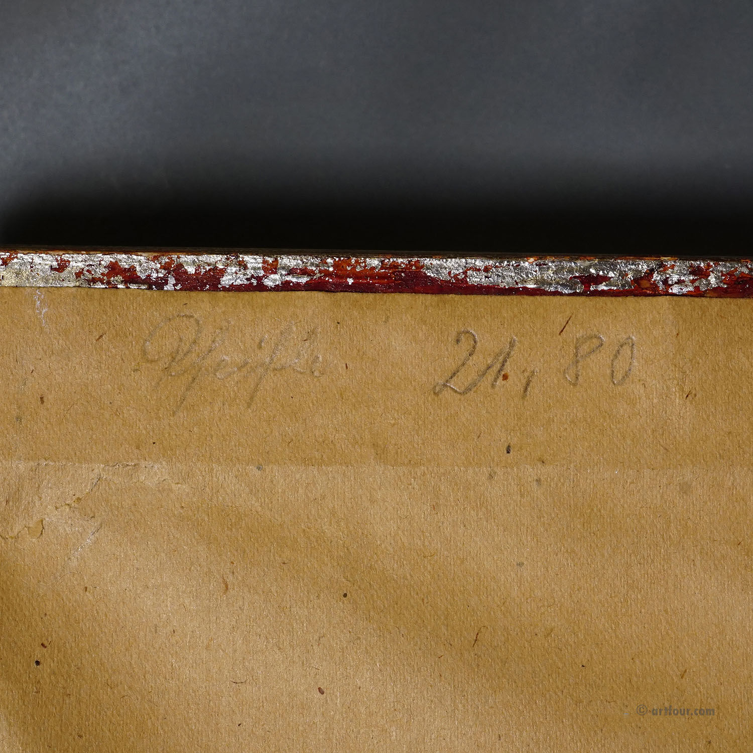 Alpine landscape painting with meadow, trees, and mountains.