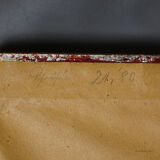 Alpine landscape painting with meadow, trees, and mountains.