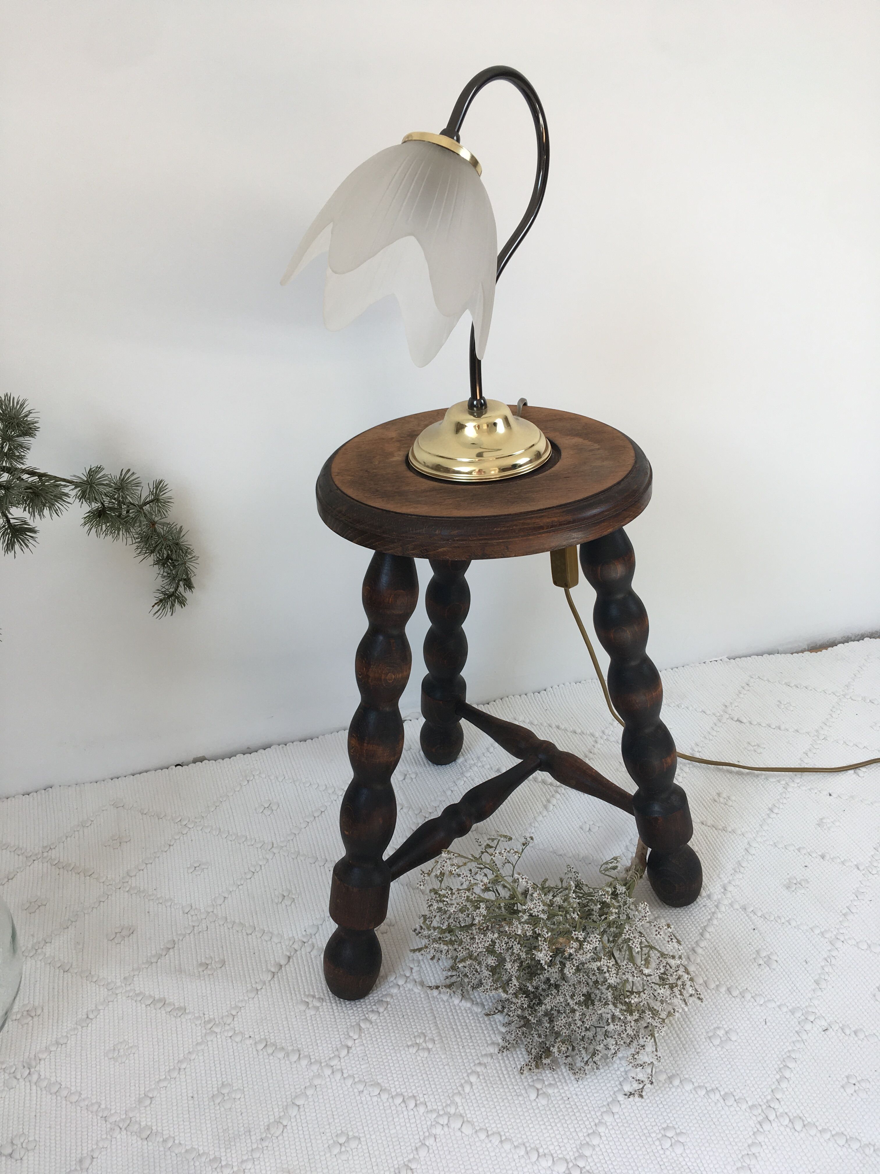 Turned wooden tripod farm stool