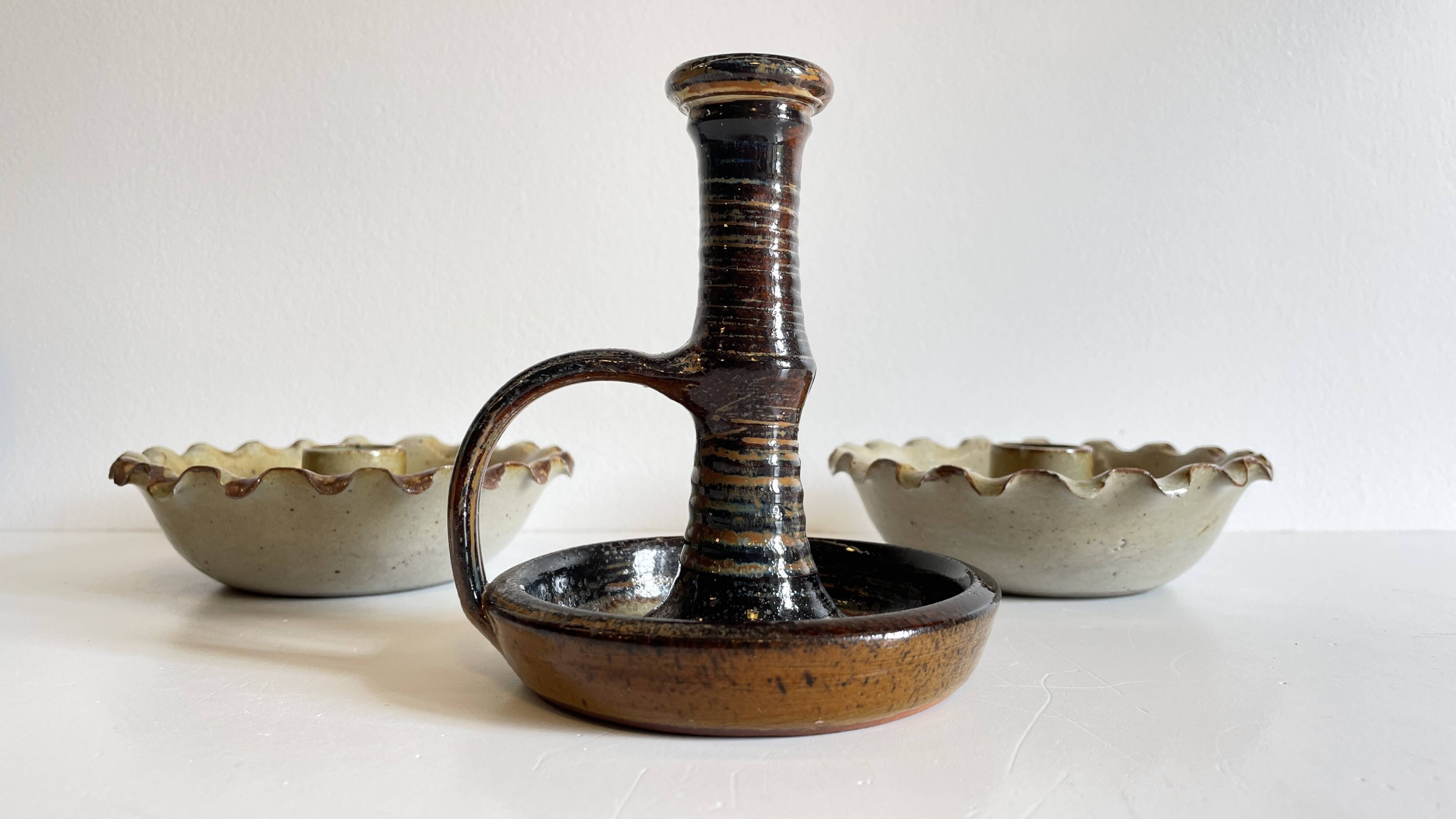 3 Vintage Handmade Ceramic Candle Holders