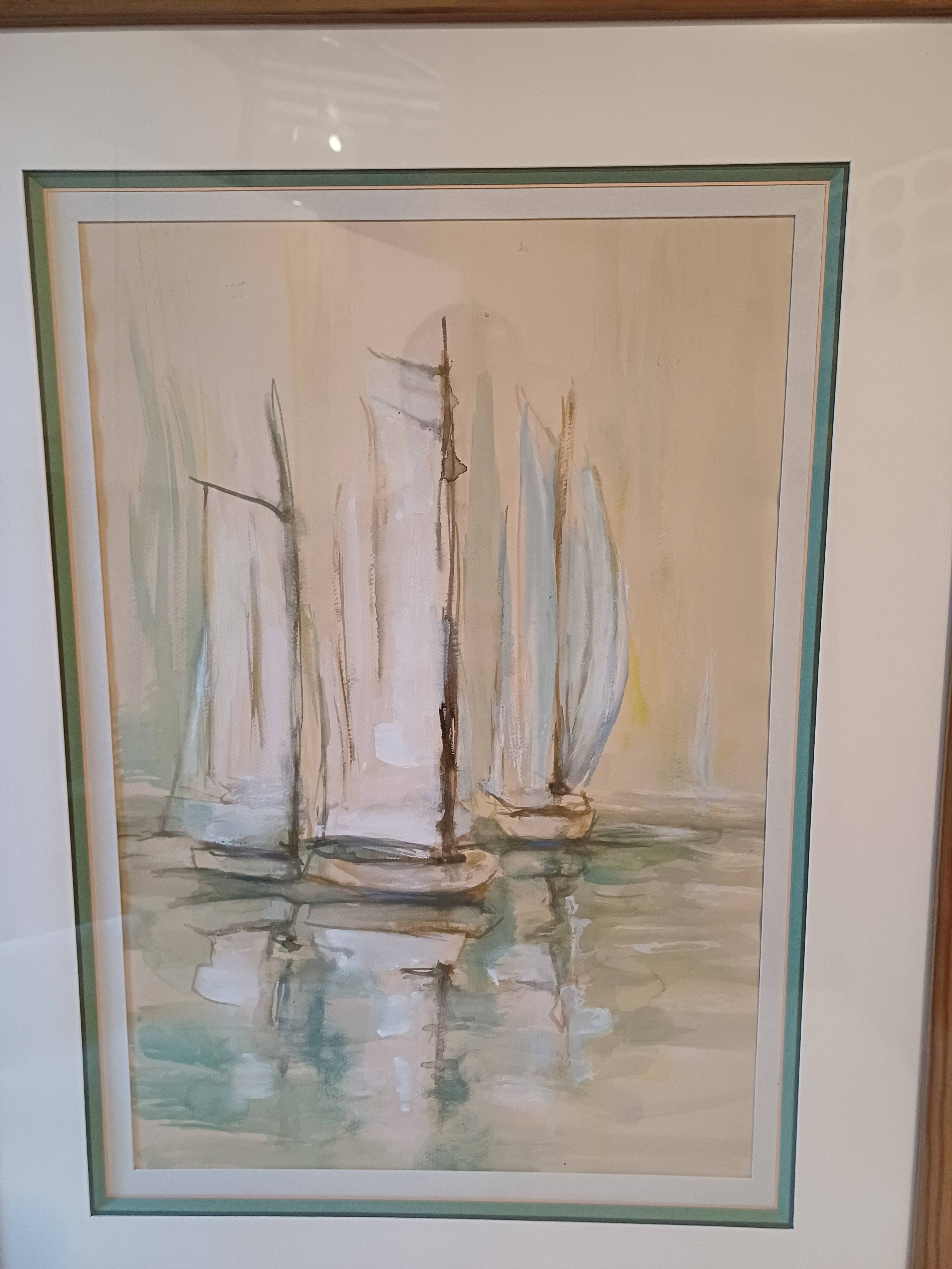 Marine Watercolor with 3 Boats
