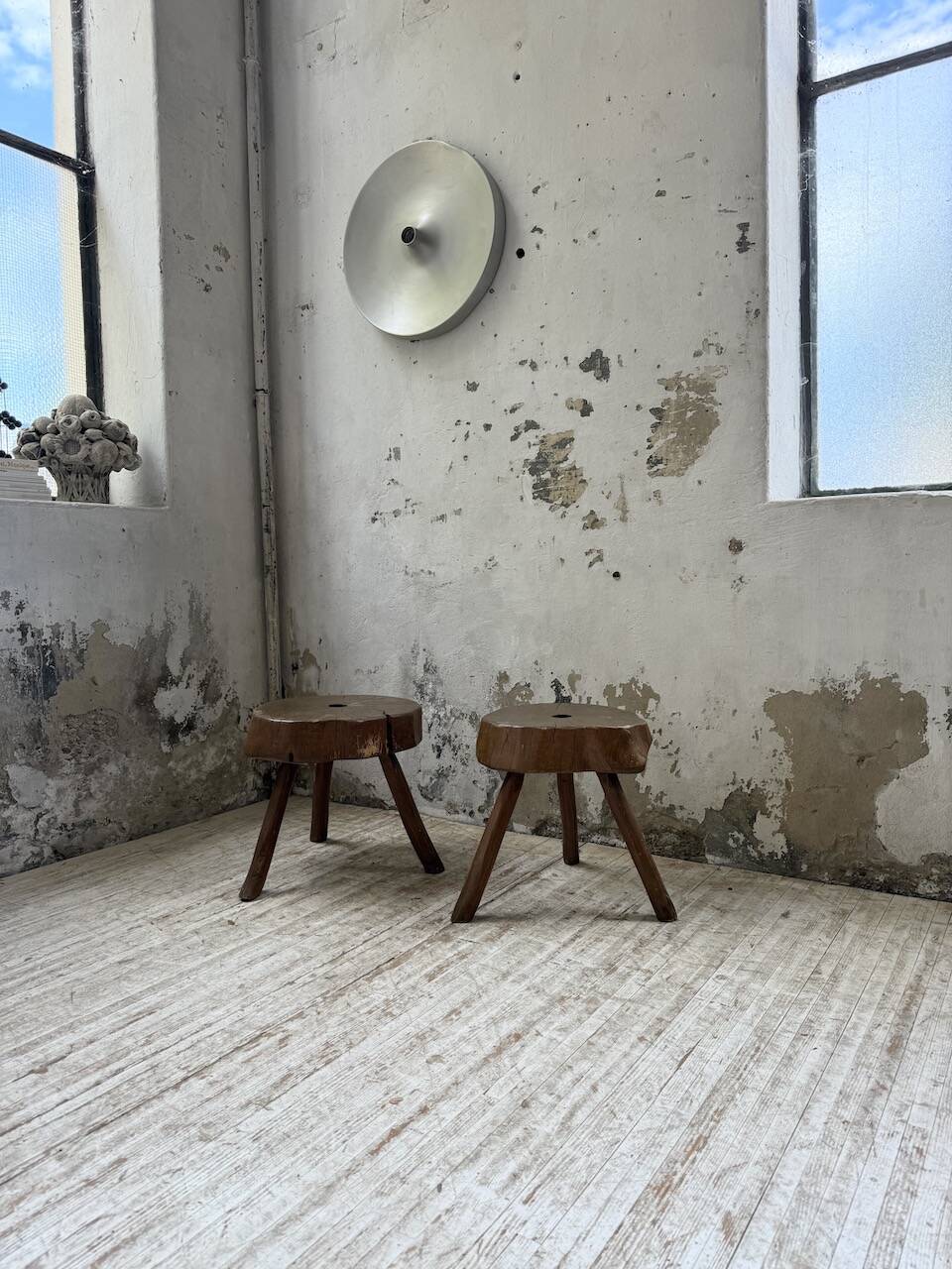 Pair of oak tripod shepherd's stools