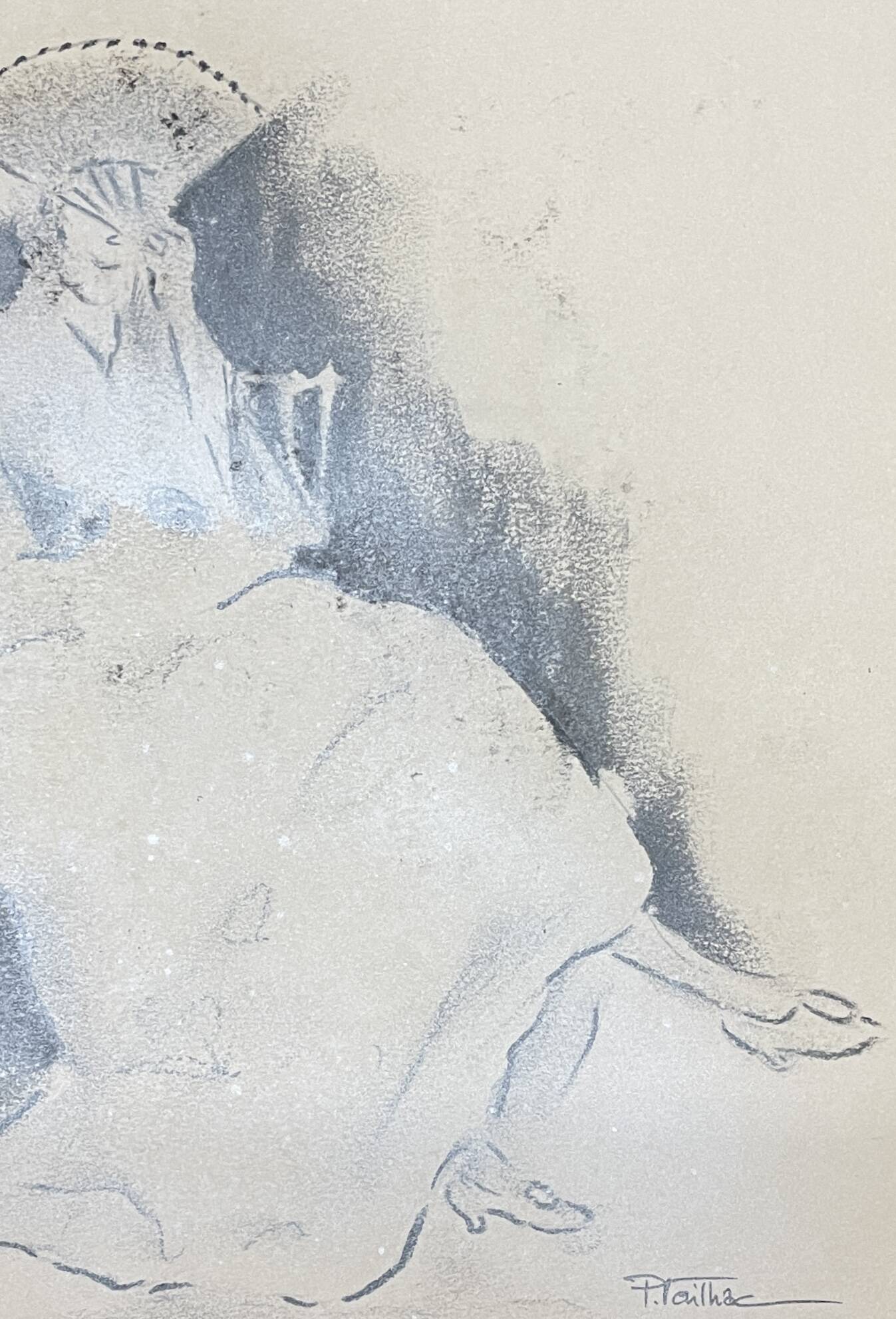 Tableau signé fusain « femme à l’éventail »