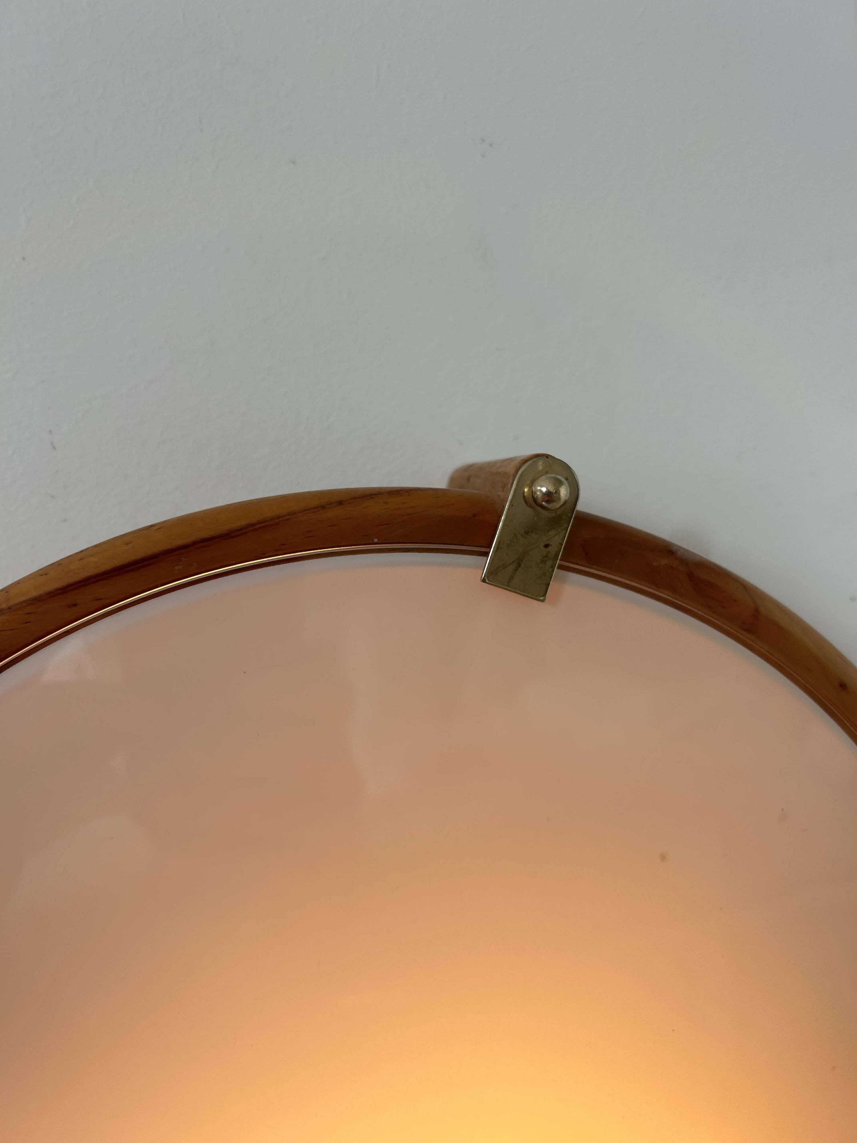 Vintage round wall light, wood, glass and brass, France 1980