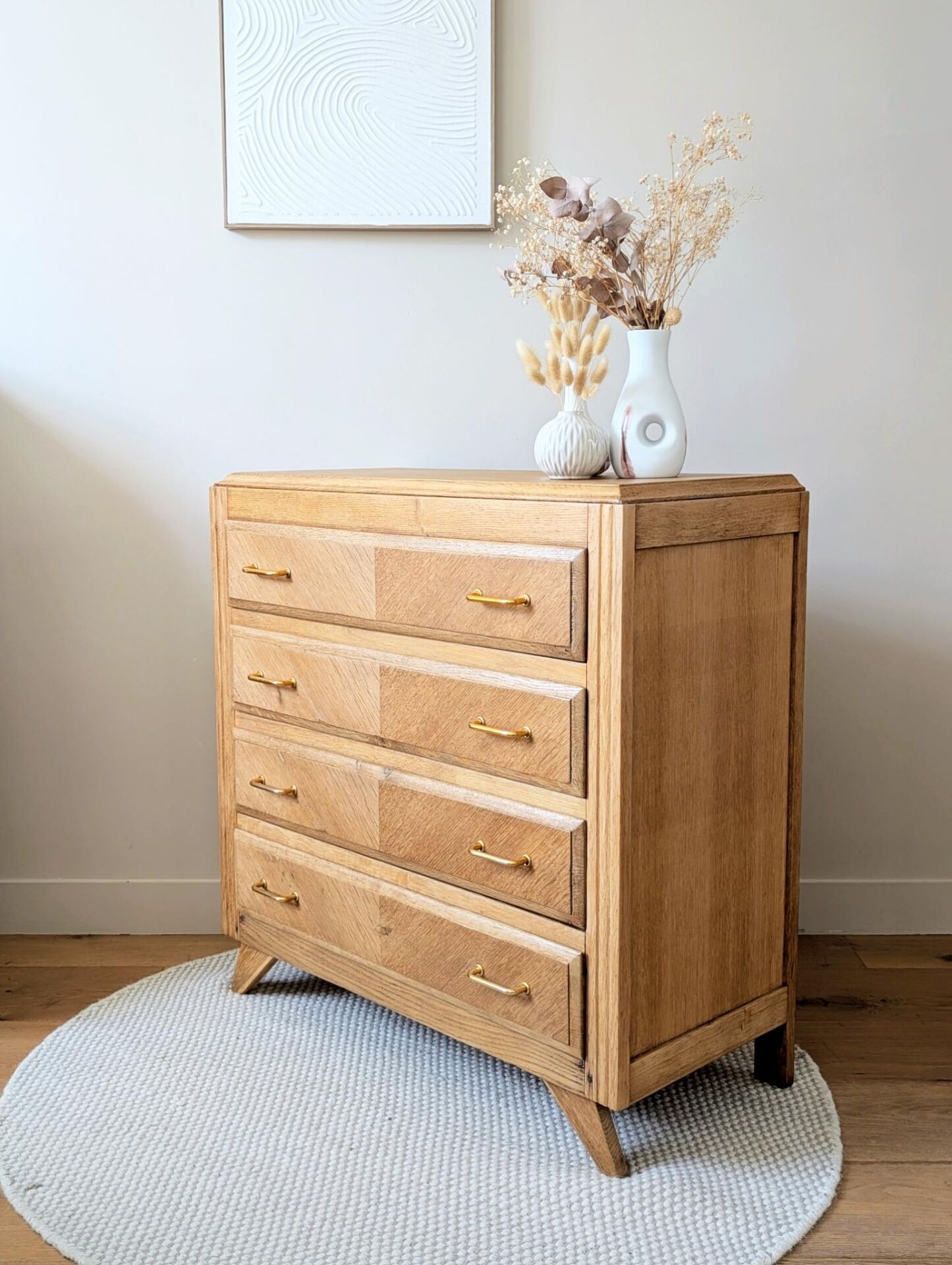 Commode vintage rénovée, chêne blond, pieds compas, années 50 60