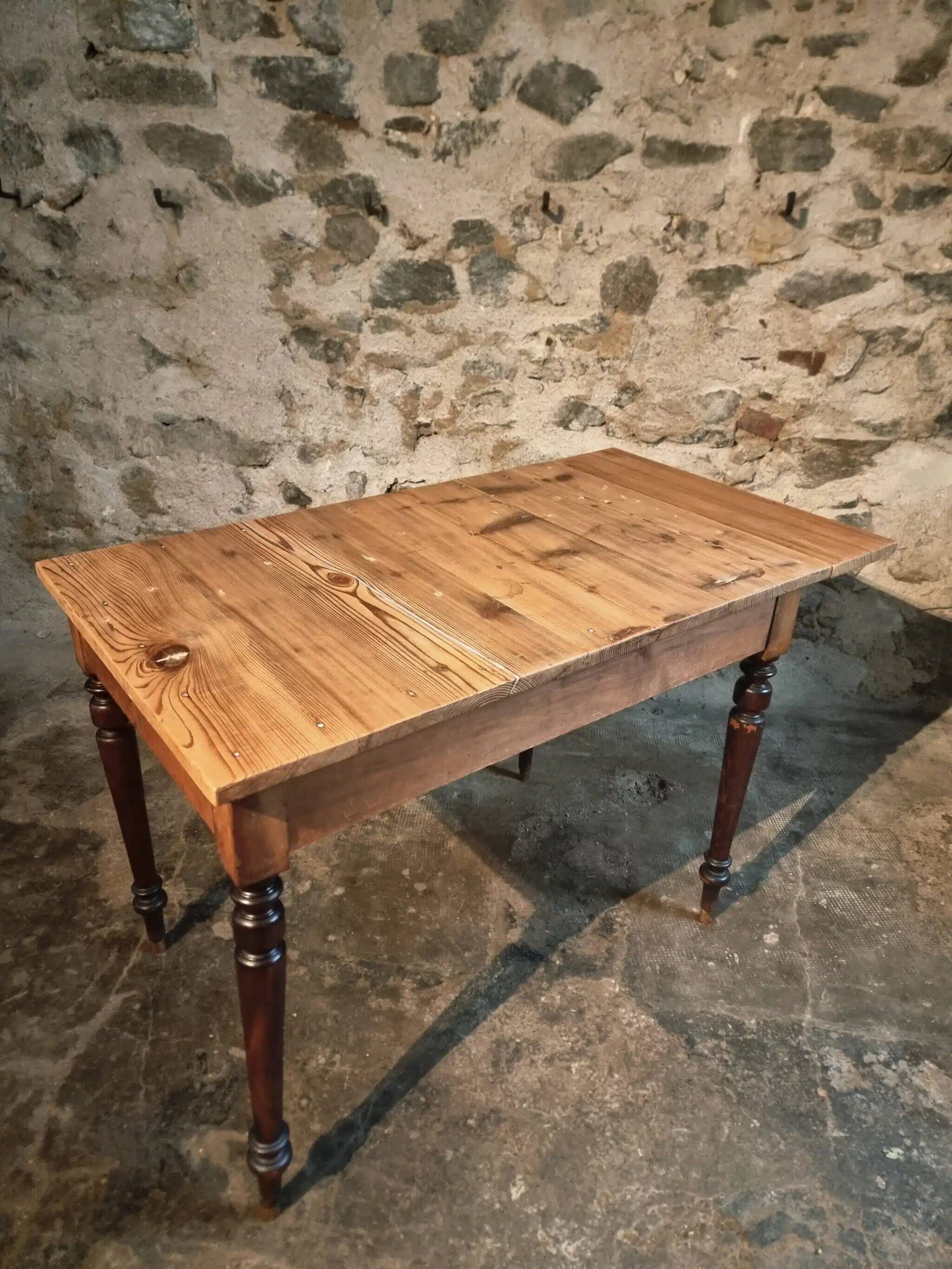 Vintage French pine table with extendable side, circa 1930, suitable for kitchen or office use.