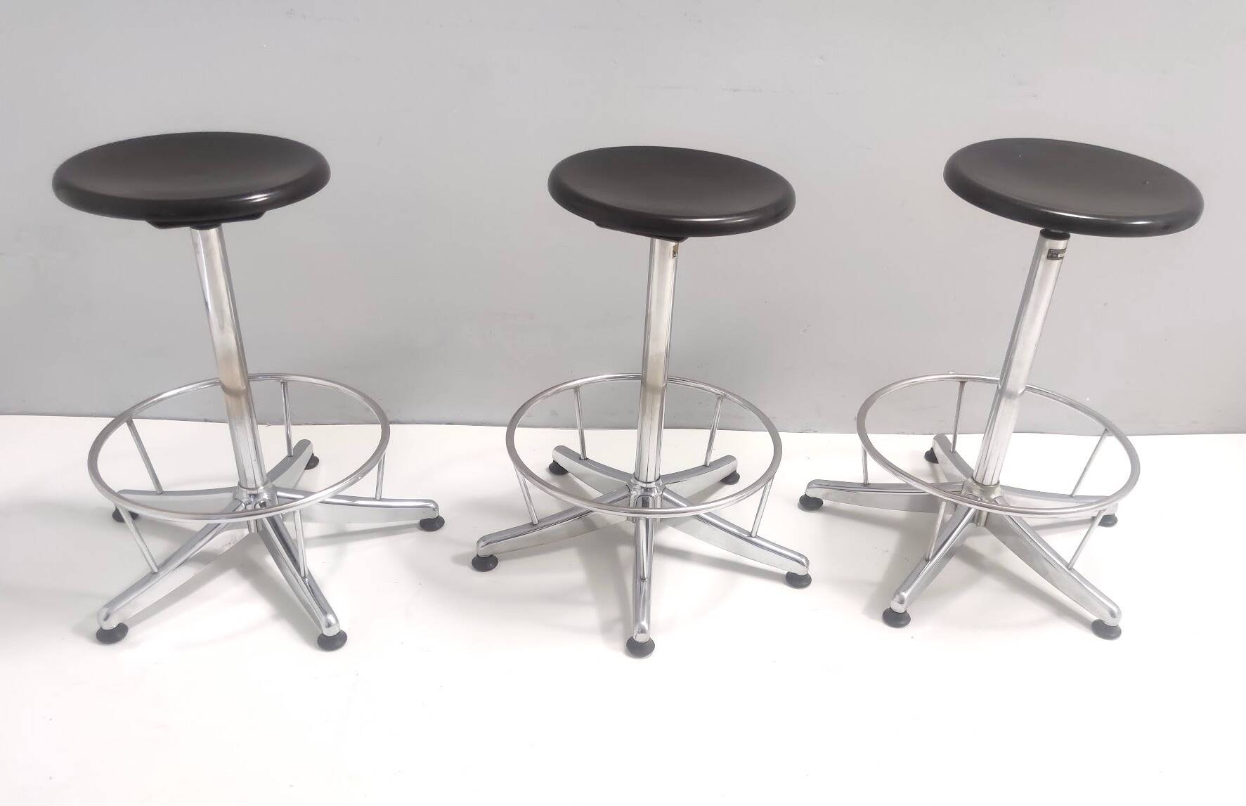 Vintage Black Plastic and Chromed Metal Revolving and Adjustable Stool, Italy