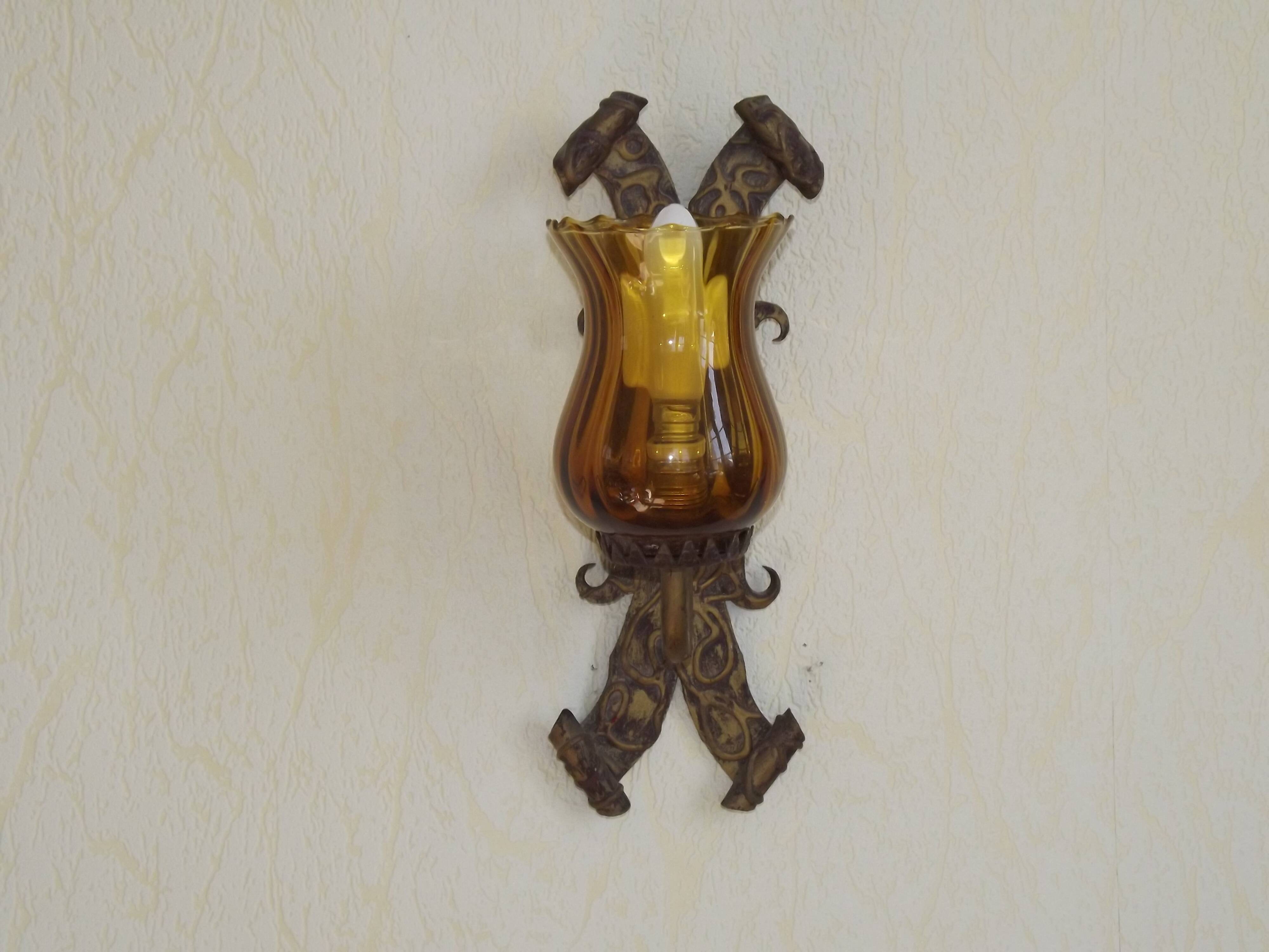Pair of Hand Forged Wrought Iron Medieval Style Wall Lights with Amber Shades 42