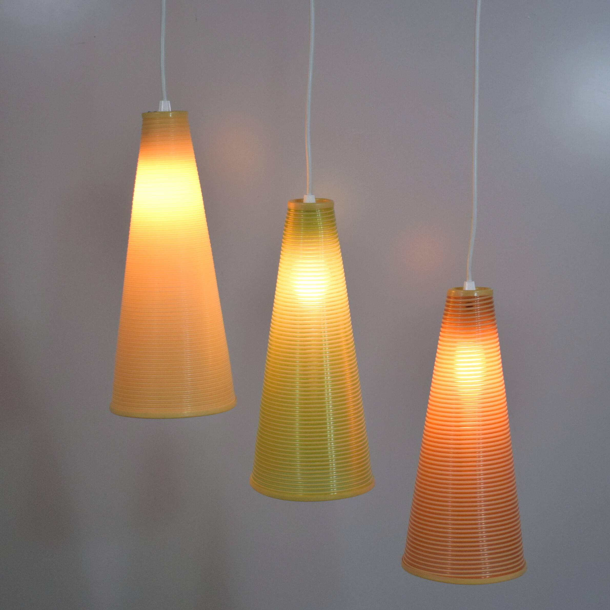 Set of 3 Rhodoid Rotaflex pendants, 1950