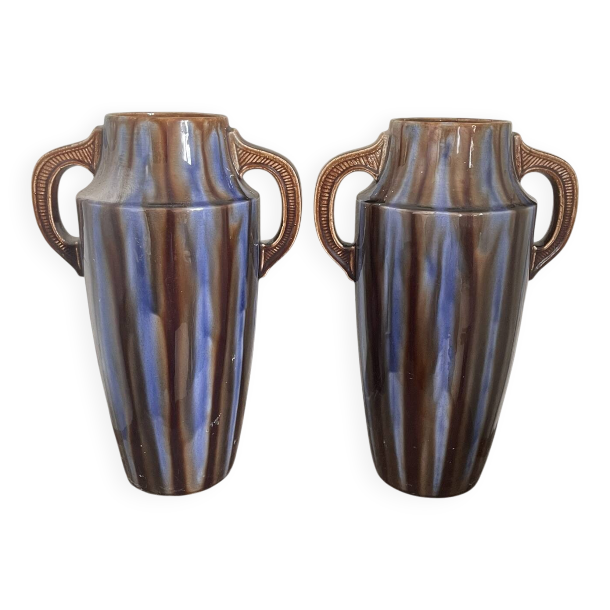 Old pair of glazed ceramic vases art deco amphora vierzon louis gueule