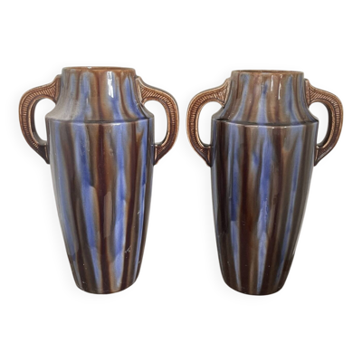 Ancien paire vase céramique emaillée amphore art déco vierzon louis gueule