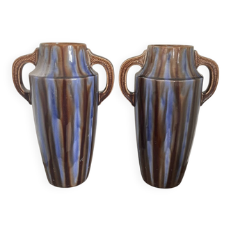 Old pair of glazed ceramic vases art deco amphora vierzon louis gueule