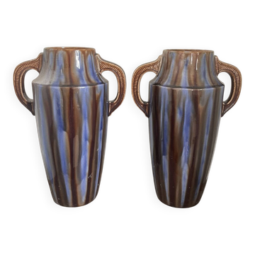 Ancien paire vase céramique emaillée amphore art déco vierzon louis gueule