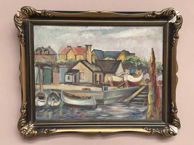 Original Swedish Oil on Panel – “Village and Harbour” by G. Fogler – Signed – Vintage & Framed – 49 × 39 cm (19.2" × 15.3")