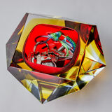 Cendrier Sommerso rouge et jaune par seguso, verre facetté, murano, italie, 1970