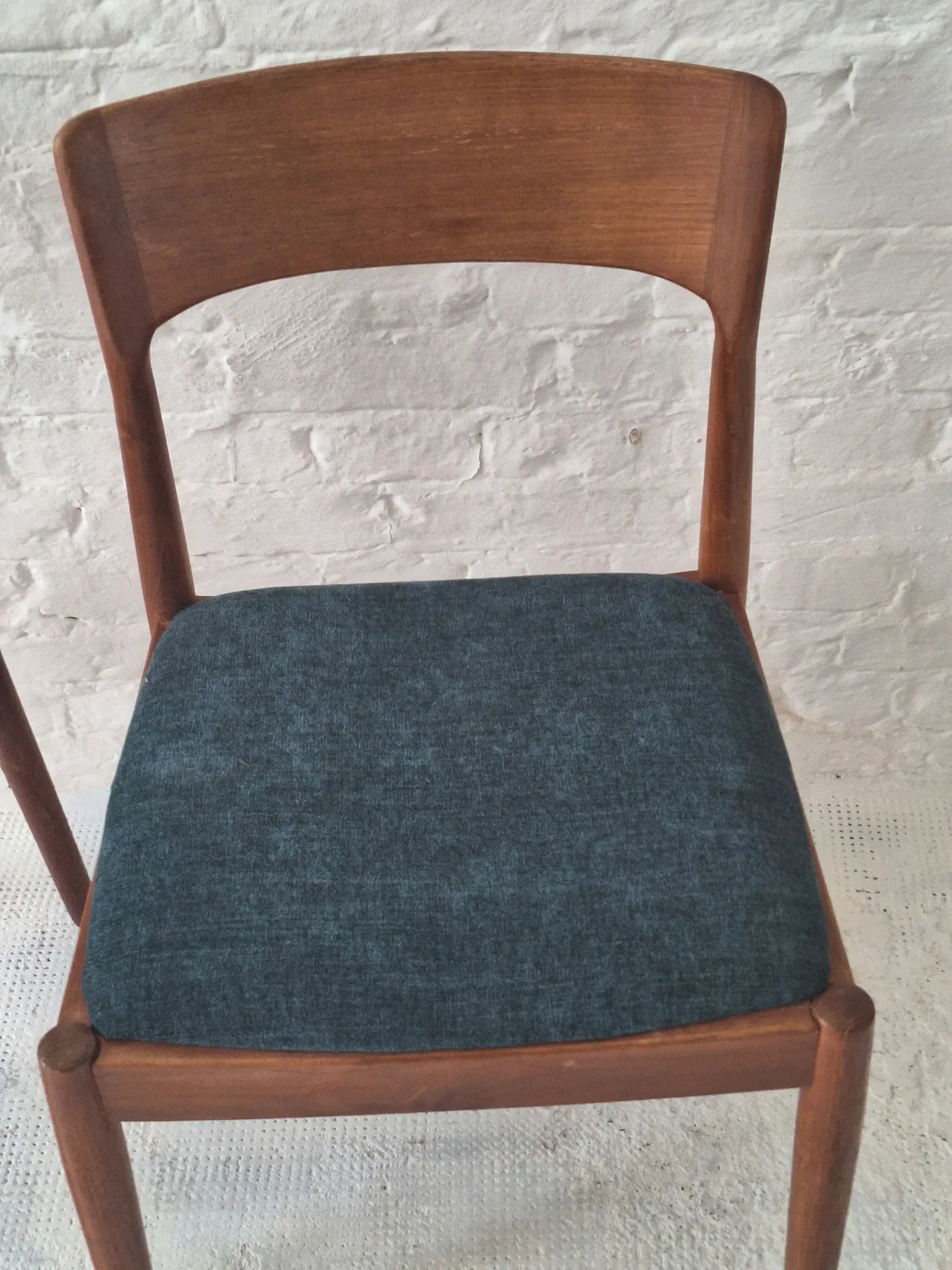 Pair of Henning Kjaernulf teak dining chairs sea blue-green, Denmark 1960s