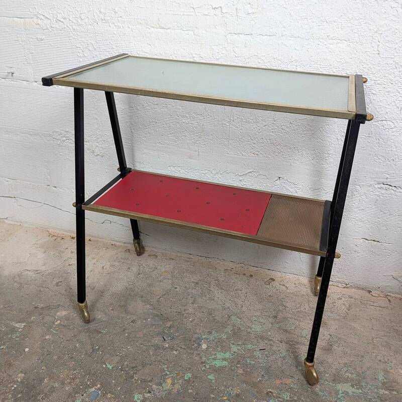Vintage 1950s rolling dessert trolley with two shelves.