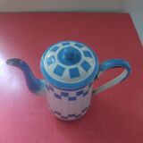 White enamelled sheet metal coffee maker with blue checkered Lustucru style stamped Duco