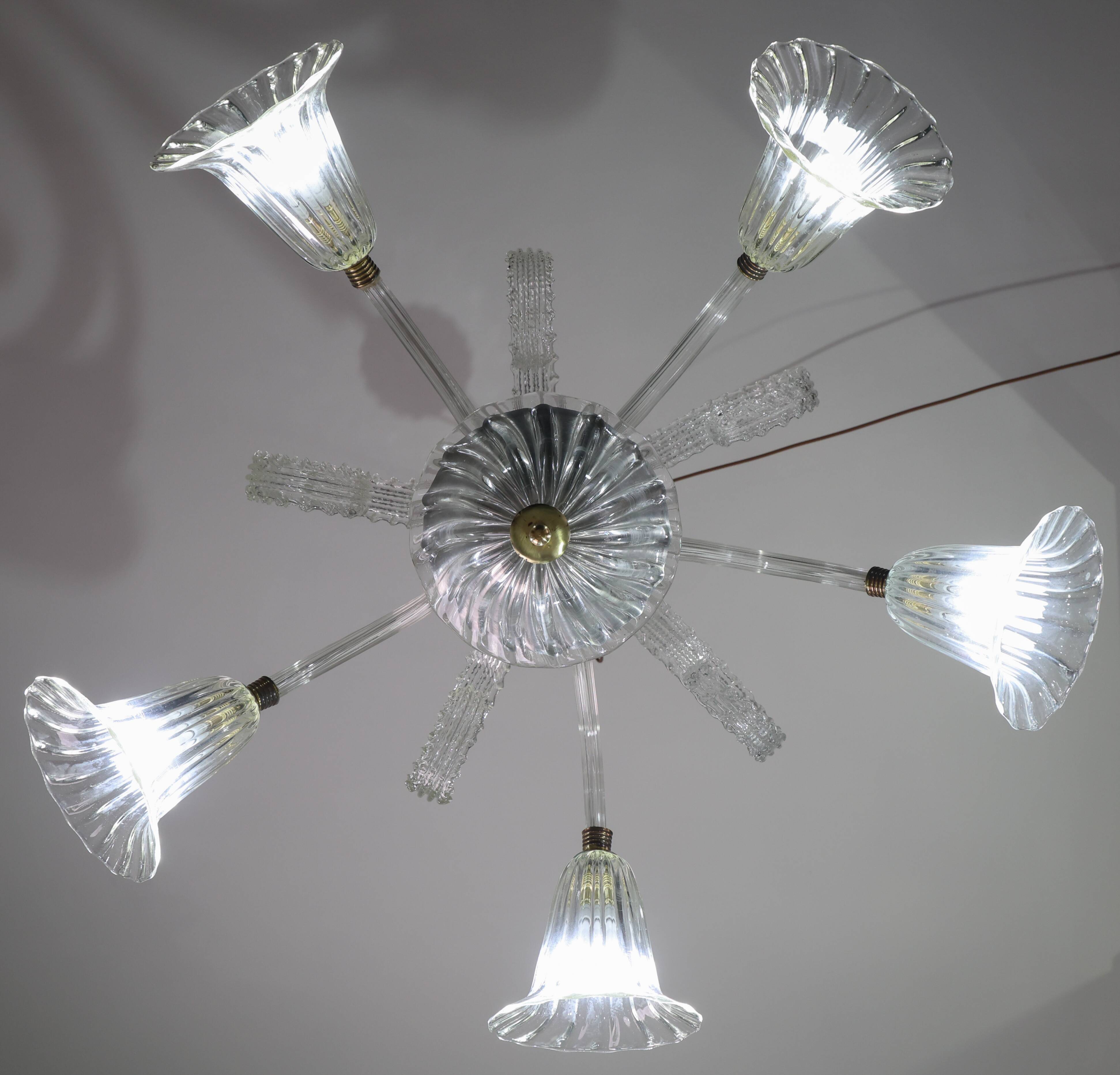 Amazing Art Decò Murano Glass Chandelier 5 Light, 1950