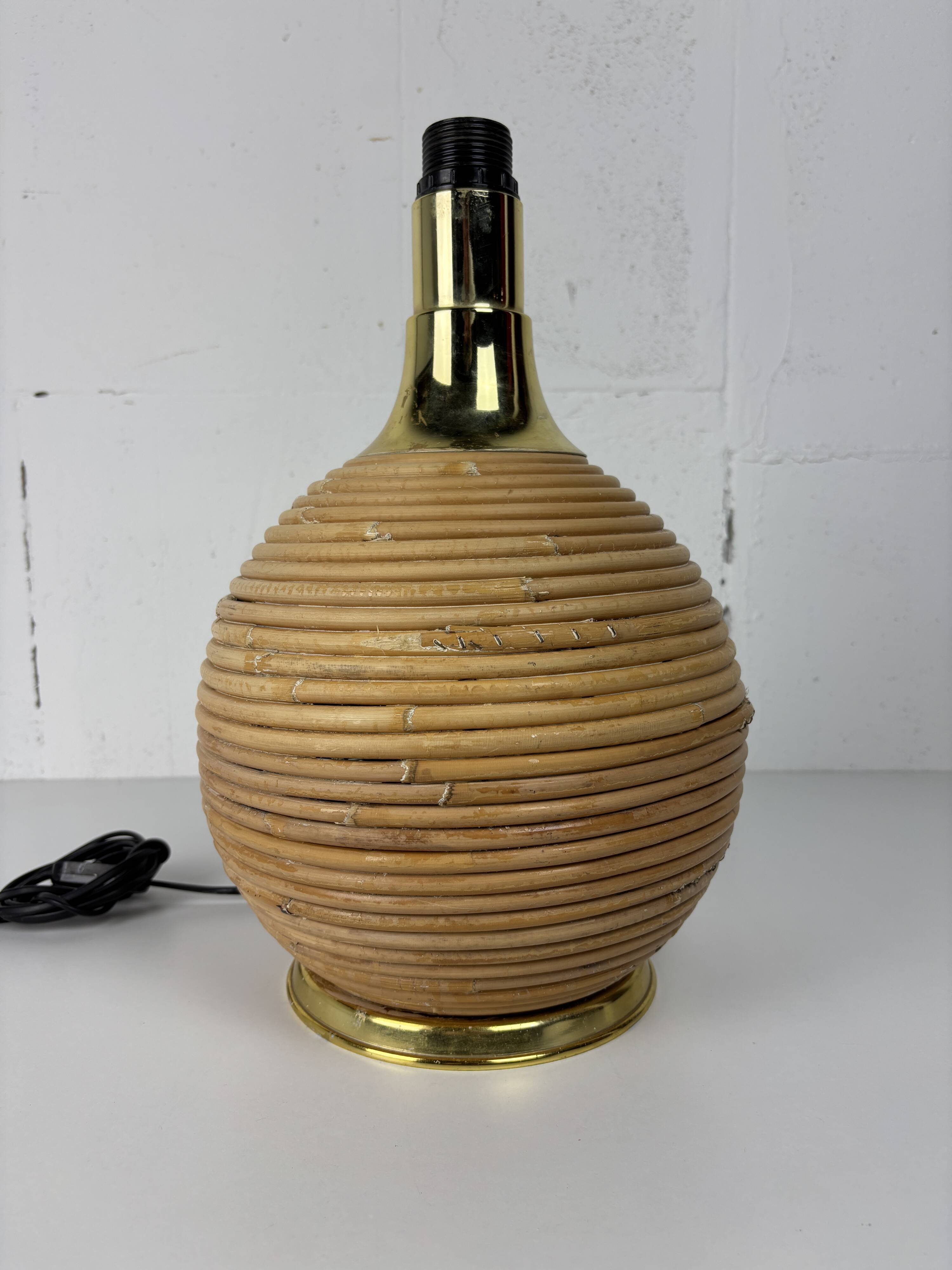 Large midcentury pencil reed rattan bamboo and brass table lamp Italy 1970s