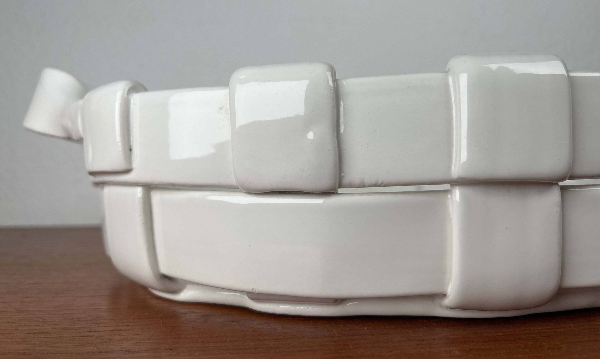 Vintage Italian woven basket in white ceramic