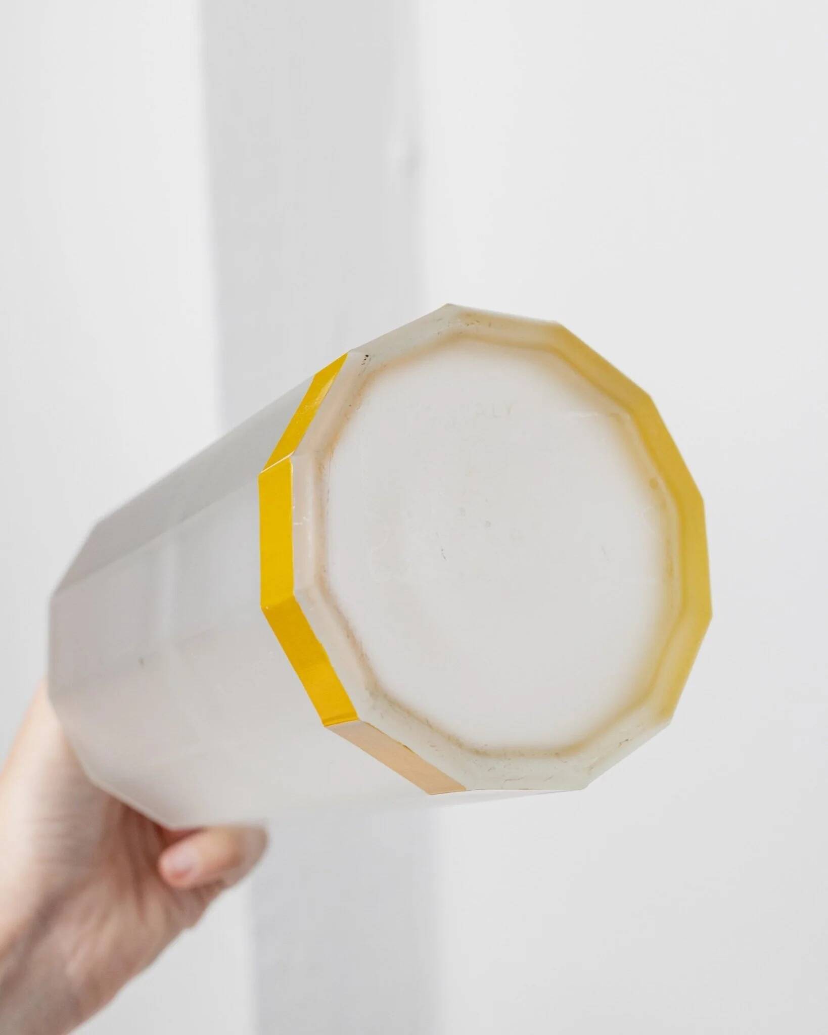 Vintage milky glass vase with yellow base, twelve-faced silhouette, Italian Bormioli, 1980s